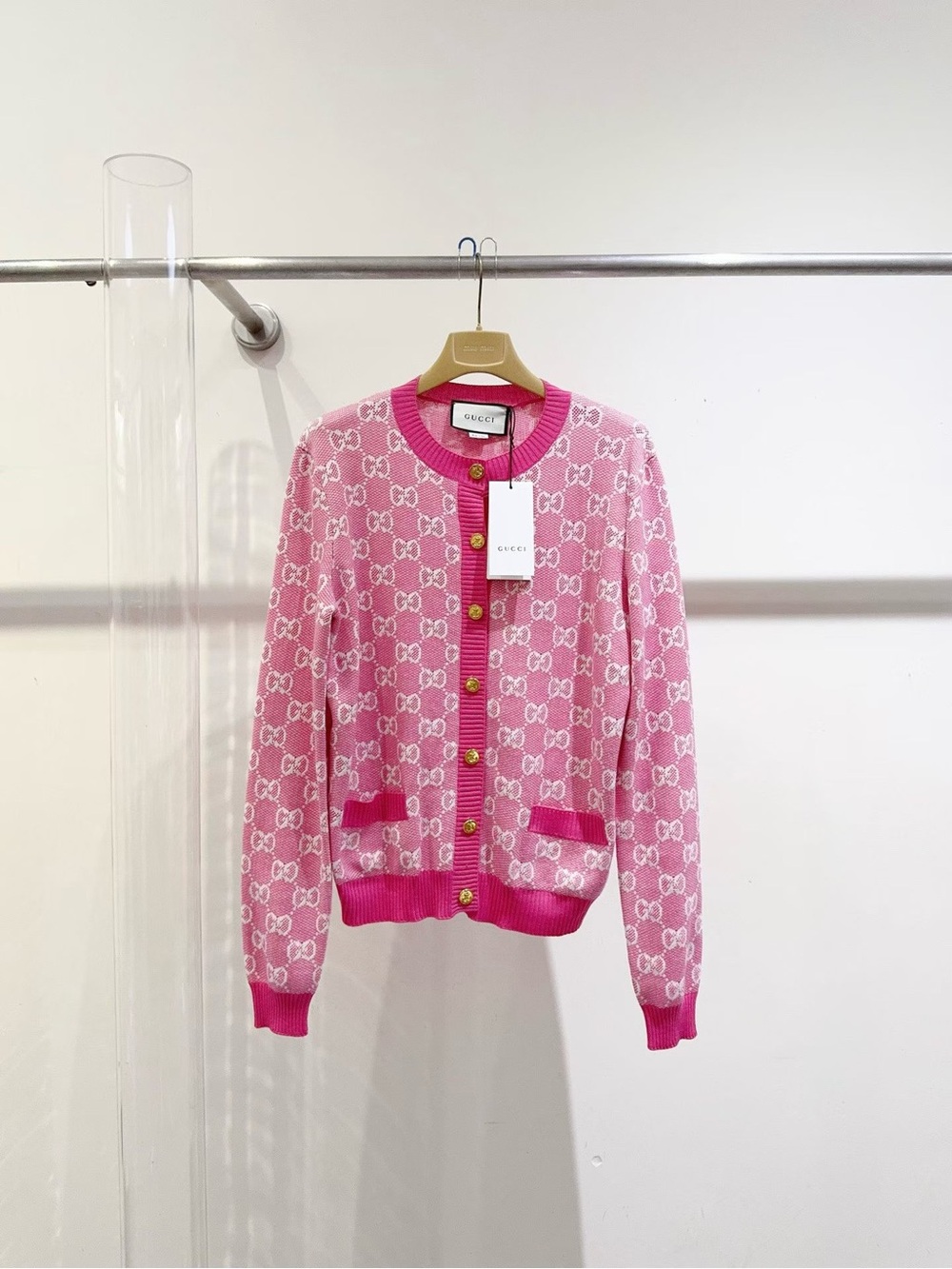 Gucci Pink & White GG Logo Knit Cardigan with Gold Buttons